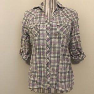 Plaid pink collar button down shirt blouse